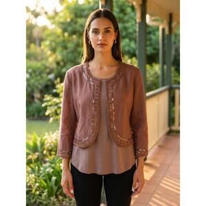 Dressbarn Women's Brown Linen Rayon Blend Embellished Blazer Jacket Medium